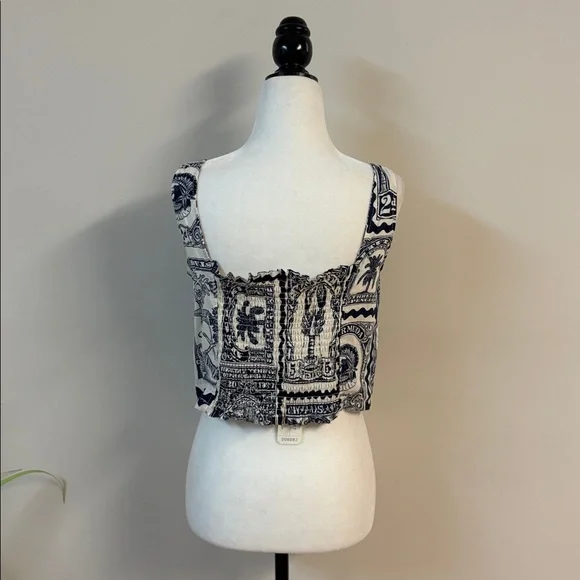 ❤️BNWT Nicole Miller Artelier linen blend postage stamp print Crop Top size S - Picture 3 of 7